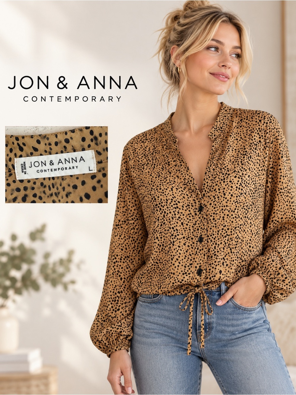 Jon & Anna Tan and Black Dotted Button-Front Tie Blouse